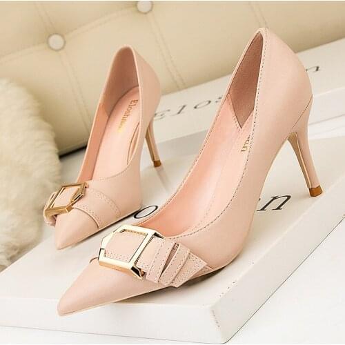 Women pumps PU Slip On 7CM Thin Heels High heels Pointed Toe Shallow shoes for women women shoes 2020 size 35-42 black
