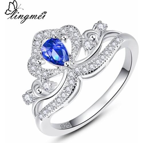 Lingmei Drop Shipping Fashion Crown Princess Jewelry PearBlueWhite Cubic Zircon Silver Color Engagement Ring Size 6-9