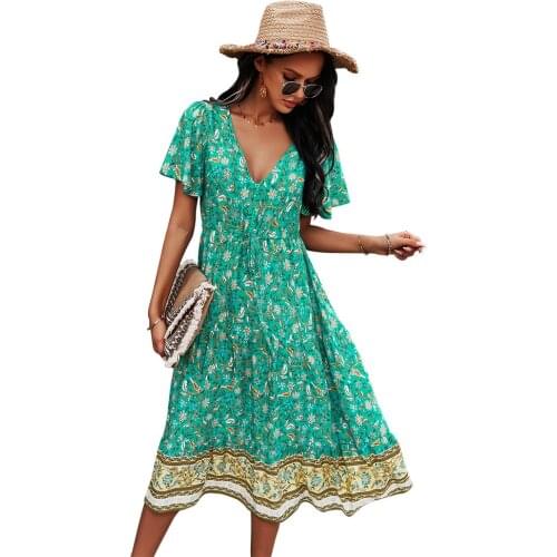 Deep V-Neck Summer Dress Beach Boho Floral Print Vintage Button Dresses Women Casual Loose A-Line Midi Long Elegant Robe K1439