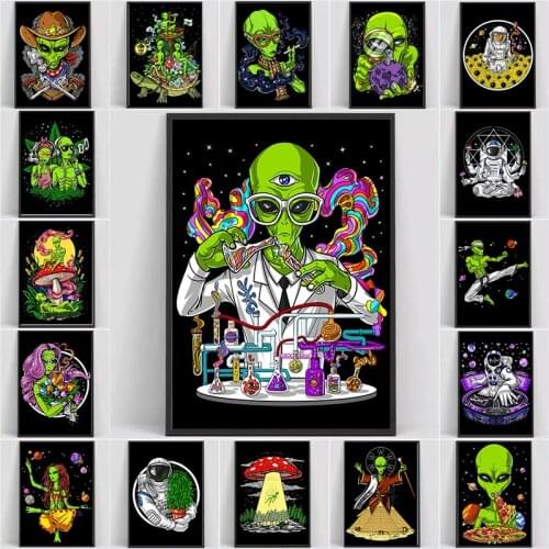 Hipster Alien Space Smoking Psychedelic Poster Trippy Astronaut White Coated Prints Home Room Bar Decoration Wall Stickers