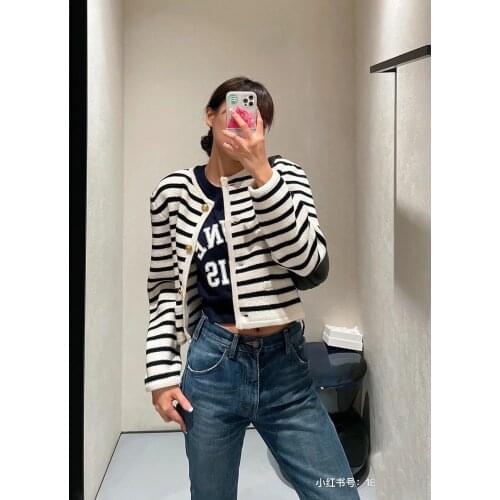2021FW Autumn Luxury Women New Wool Striped Cardigans Female Fashion Chic Coat Sweater Rmsx 8.30