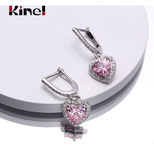 Kinel Real Pure 925 Sterling Silver Luxury Heart Jewelry Pink Cubic Zirconia Stone Earrings Fashion For Women Christmas Girls