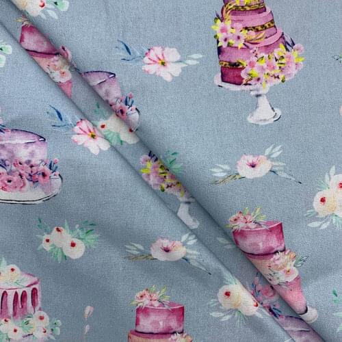 Beautiful 100% Cotton Fabric Light Blue Bottom Pink Cake Pattern Digital Print Sewing Material DIY Home Patchwork Dress Clothing