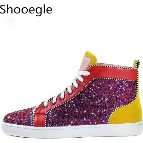Crystal Studded Patchwork Men Shoes Casual High Top Sneakers Rhinestone Lace Up Flats Zapatos Hombre Mens Trainers