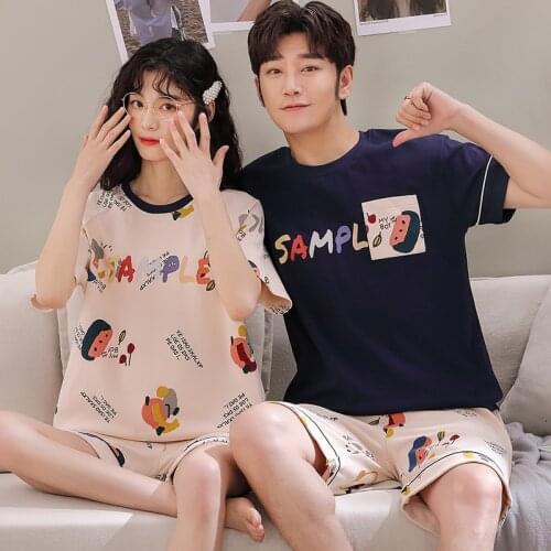 Summer Short Sleeve Couple Nightwear Suit Korean Fashion Colorful Letter Print Women Pajamas Cotton O-Neck Cute Couple Sleewpear
