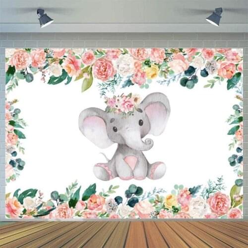 Cute Little Elephant Flower Wall Background Girl Birthday Party Picture Photography Studio Backdrop Room Table Decoration