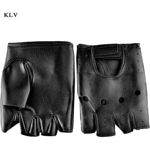 Men Faux Leather Slip-Resistant Half Finger Fingerless Gloves Hand Wrist Mittens Hollow Out Black Driving Motorcycle Unlined