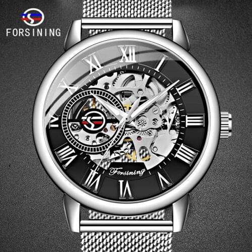 FORSINING 2020 Newest Silver Black Wristwatch Mesh Strap non-Waterproof Clock Mechanical Hand Wind Mens Watches