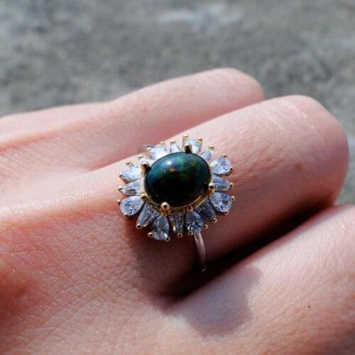 Two Tone Plated Sterling Silver 925 Jewelry Natural Black Opal Brilliant Ring Engagement Wedding Rings