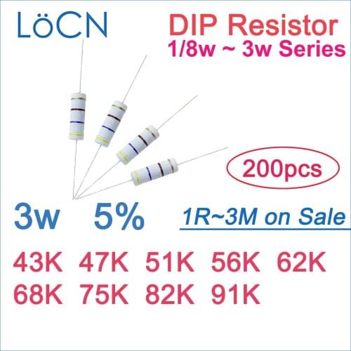 200pcs 5% 3W Carbon Film Resistor DIP 43K 47K 51K 56K 62K 68K 75K 82K 91K OHM Color ring 1R~3M 1w 2w 1/6w 1/4w 1/2w LoCN