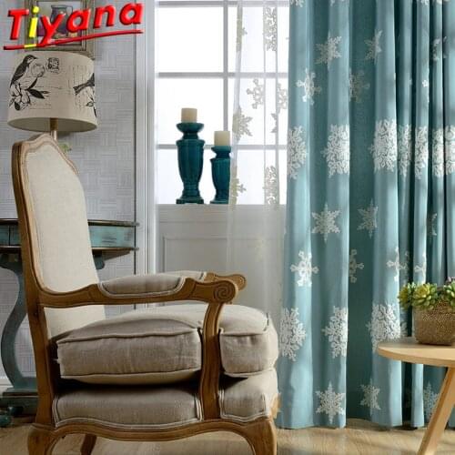 Christmas Snowflake White Edelweiss Embroidery Curtains for Living Room Blue Cotton and Linen Window Drapes #VT