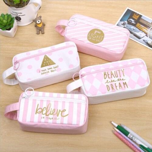 Pink Grid Portable Pencil Case Japanese Student Stationery High Capacity Student Stationery School Supplies Cute Bag Kawaii Bag