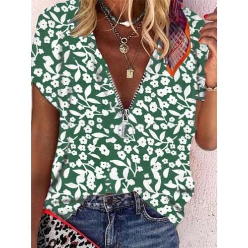 New Fashion Women Short Sleeve Zipper Shirts Summer Loose V Neck Floral Print Tshirt Casual Ladies Tops