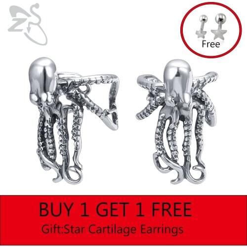 ZS Punk Style Octopus 316L Stainless Steel Clip Earrings for Men Women Gothic Hip Hop Ear Cartilage Cuff Jewelry Gifts for Boys
