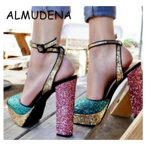 Bling Bling Sequined Mixed Colors Platform Chunky High Heel Glittering Unique Colorful Party Shoes