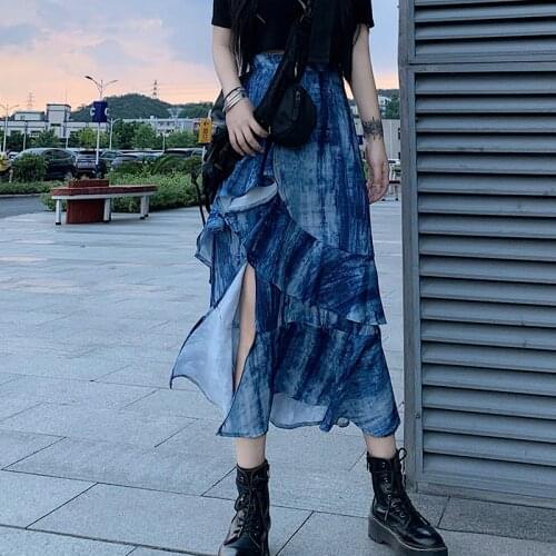 Blue Tie dye tiered midi ruffle a line long elegant skirt women high waisted ruffled skirts womens 2020 summer fashion C198