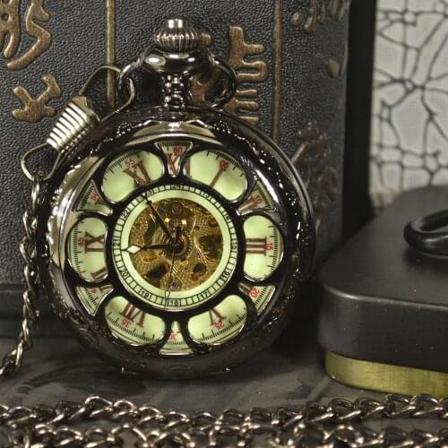 TIEDAN Luxury Skeleton Bronze Retro Antique Skeleton Mechanical Pocket Watch Men Chain Necklace Business Pocket & Fob Watches