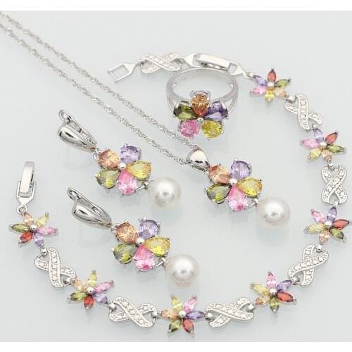 925 Sterling Silver Jewelry Multicolor Cubic Zirconia White Pearls Jewelry Sets For Women Necklace/Earring/Bracelet/Pendant/Ring
