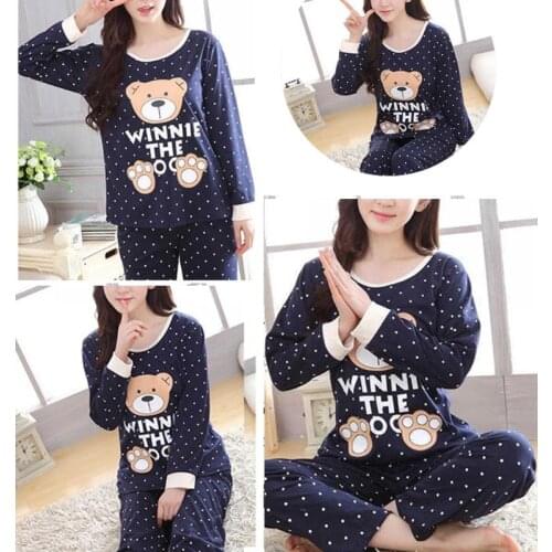 KLV Women Long Sleeve Bear Print Tops And Pants Wave Point Pajamas Set Sleepwear