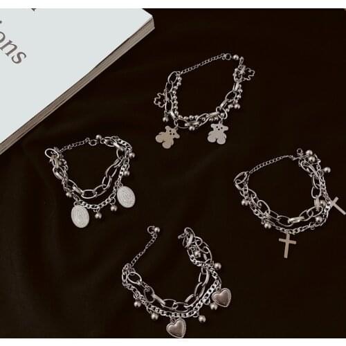 Gothic Hip Hop Metal Cross Pendant Charm Bracelet for Women Female Beads 2 Layering Linked Chain Bracelets Cool Jewelry Gift