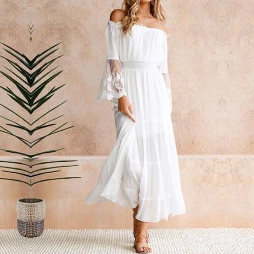 Summer Sundress Long Women White Beach Dress Strapless Long Sleeve Loose Sexy Off Shoulder Lace Boho Cotton Maxi Dress