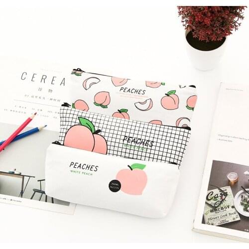 12pc/lot Cute peach canvas storage bag / fashion women student creative stationery bag/pencil pen cosmetic bag