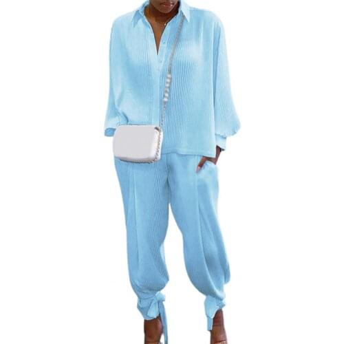 2Pcs/ Sets Women Summer Bclout Blue Vintage Of Elegant Woman Long Sleeve Top And High Waist Pants 2 Pcs/Sets Female Clothing