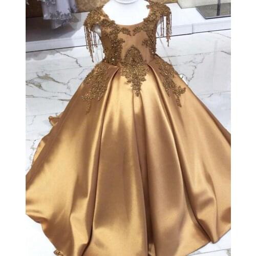 Gold Custom Girls Pageant Gowns Satin Beading Lace Up Back Children Birthday Dress Flower Girl Dress Kids Clothes Photography