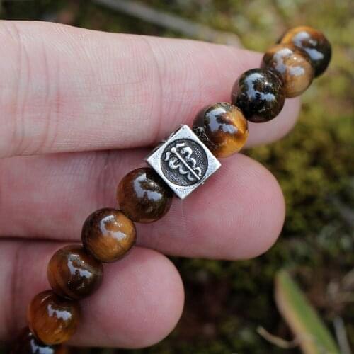 Unique Medical Alert Bracelet 8mm Bead Tiger Stone Mens Caduceus Symbol Fashion Emergency Wrist Jewelry