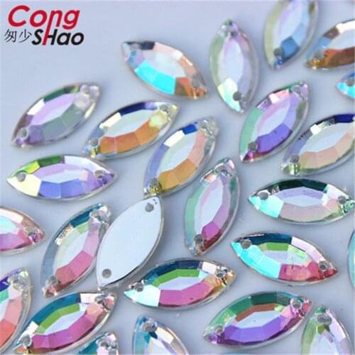 Cong Shao 100pcs 6*12/7*15mm Marquise Shine Crystal AB Color Silver Base Sew On Rhinestone Sew On Stones buttons Garment WC226