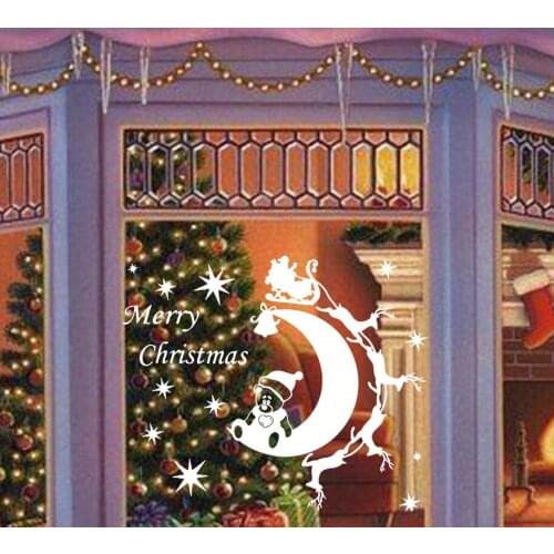Shop Window Art Sticker Wallpaper Santa Claus Bear On The Moon Wall Decals Home Decoration Merry Christmas Vinyl Stickers ZB100