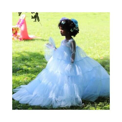 Lovely Sky Blue Puffy Tulle Dresses Kids Sheer Ruffle Full Sleeves For Little Girls Birthday Party Long Dress Angle Custom Made