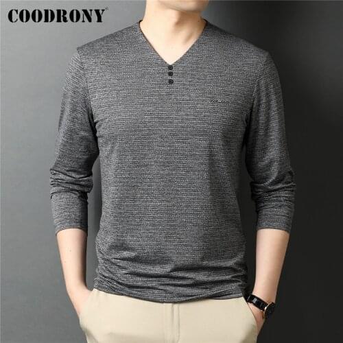 COODRONY Brand Spring Autumn New Arrival High Quality Fashion Button V-Neck Tops Long Sleeve Cotton T Shirt Men Clothing C5062