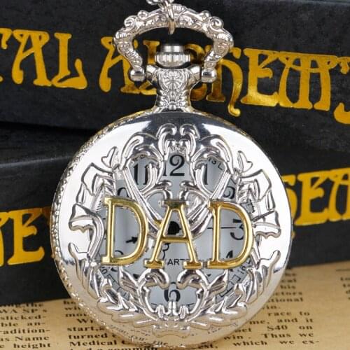 Steampunk Silver Hollow Dad Quartz Pocket Watches Fob Chain Pendant Necklace Men Father Best Gifts
