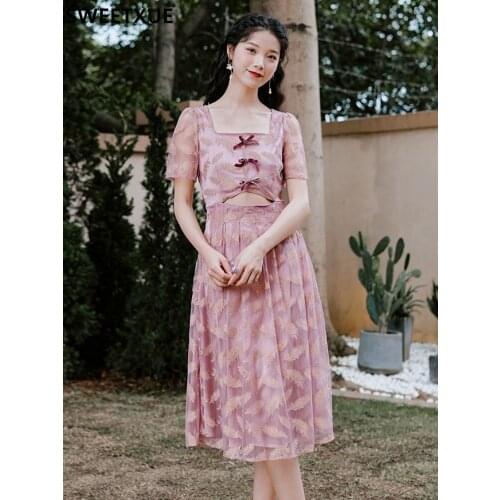 SWEETXUE Vintage Dress Womens Purple Bow Summer Fashion Elegant Floral Square Collar Female Franch Casual Holiday Lady Vestidos