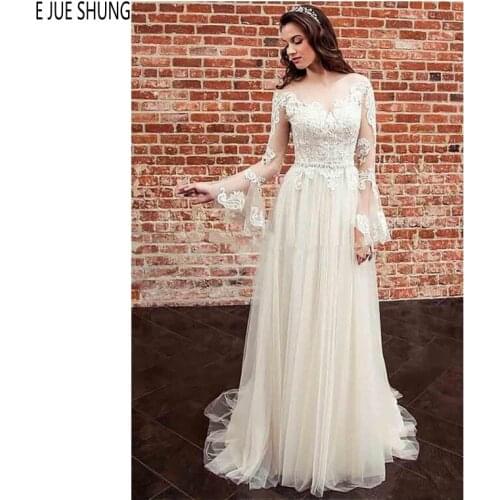 E JUE SHUNG A Line Boho Wedding Dresses Sheer Neck Flare Long Sleeves Button Back Lace Appliques Wedding Gowns vestido de noiva