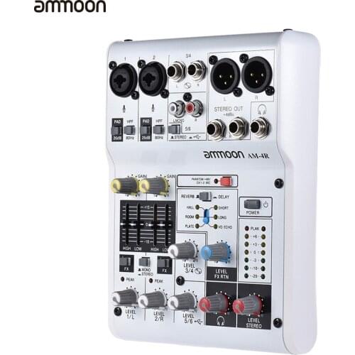 Ammoon 6-Channel Audio Mixer Digital Mixing Console Built-in 48V Phantom Power Powered by 5V Power Bank with Adapter USB Cables