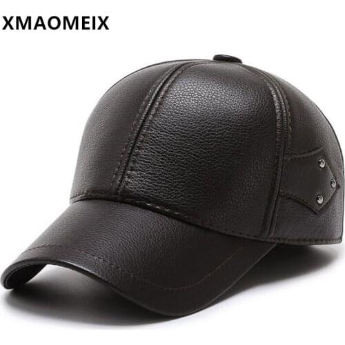 XMAOMEIX Snapback Cap Winter Mens Warm Hat Imitation Leather Baseball Caps Adjustable Size Casual Sports Cap Thick Earmuff Hats