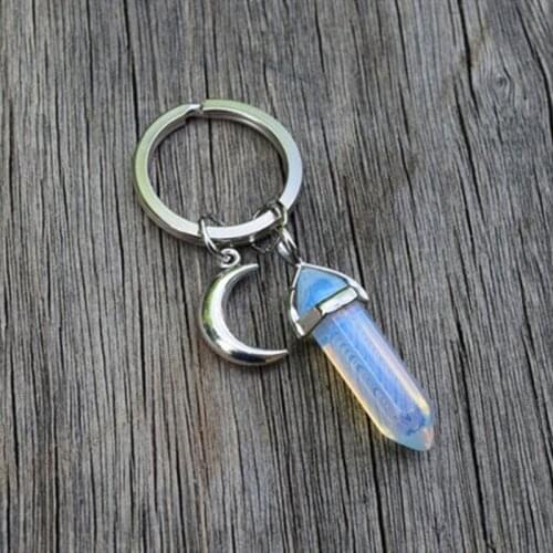 Crystal Moon Keychain, Crystal Key Chain Keyring with Charm , Crystal Point Pendant,Boho Key Chain, Opalite, Birthday Gift