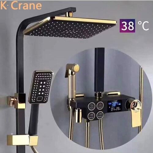 Hot Cold Digital Shower System Bathroom Wall Mounted Shower System Thermostatic Black Mixer Faucet Square Head Rainfall Bath Tap