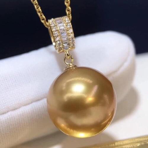 D908 Pearl Pendant Fine Jewelry 18K Solid Gold Round 13-14mm Nature Sea Water Golden Pearls Pendants Necklaces for Women Gifts