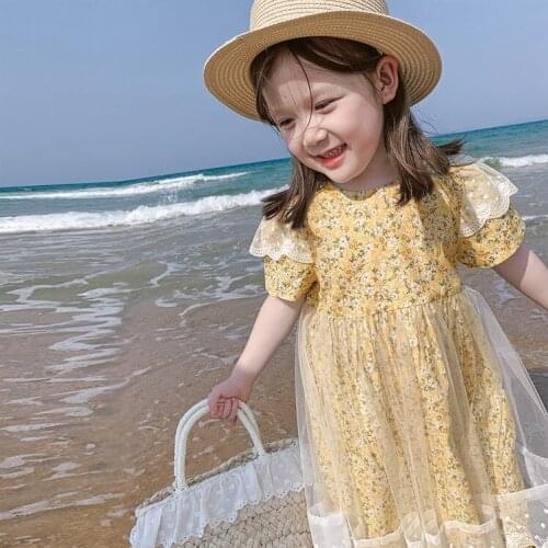 Childrens Wear 2021 New Girls Summer Dress Cute Hazy Gauze Splicing Simple Printing Baby Crew Neck Korean Princess Dress
