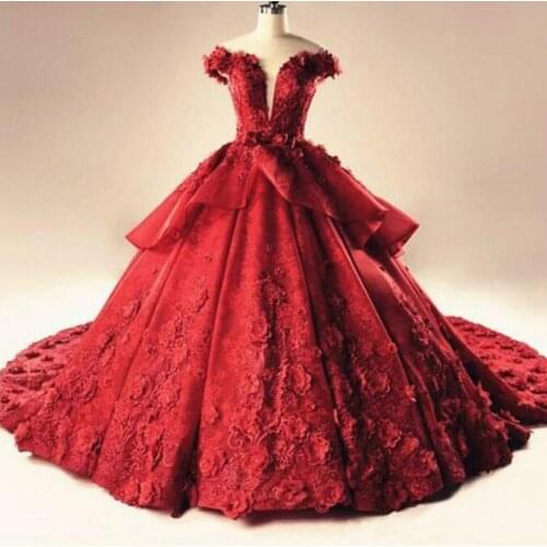 Glamorous Red Lace Plus Size Prom Dresses Flower Floral Luxury Saudi Arabia Dubai vestido de noiva Bridal Gown Ball Evening