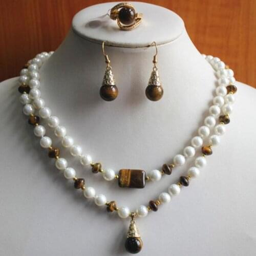 Hot sell free shipping ~~ 2 styles! Wholesale Womens 8mm 2 rows white pearl&tiger eyes stone Necklace earring ring(7/8/9) jewel