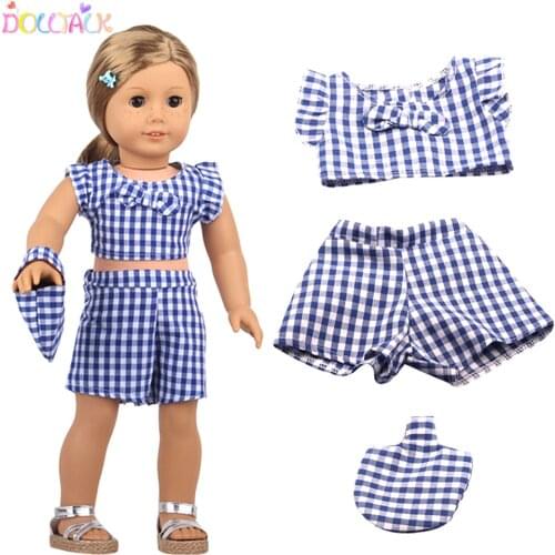 18“ American Doll Plaid Pants Suit Blue Color Grid Trousers+T-shirt+Bag Clothes Set For 43cm New Born Reborn And OG Girl Dolls