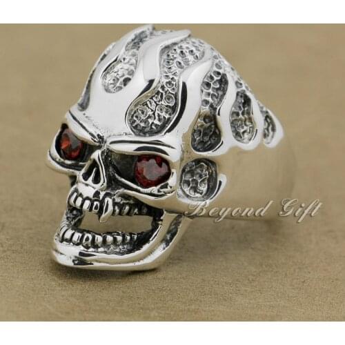 925 Sterling Silver Red CZ Eyes Skull Mens Biker Punk Ring 9Q020 US Size 7~15