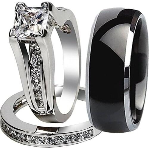 New Arrival Luxury Jewelry 10KT White Gold Filled Princess Cut 5A CZ Zirconia Women Men Stainless Steel Wedding Couple Ring Set