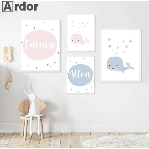 Custom Name Wall Art Poster Whale Star Art Print Pink Blue Baby Nursery Canvas Painting Nordic Picture Kids Boy Girls Room Decor