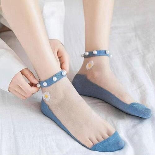 1 Pairs Summer Women Socks Transparent Pearl Flower Socks For Girls Women 10 Color 2021 New Style Fashion Cotton Comfortable