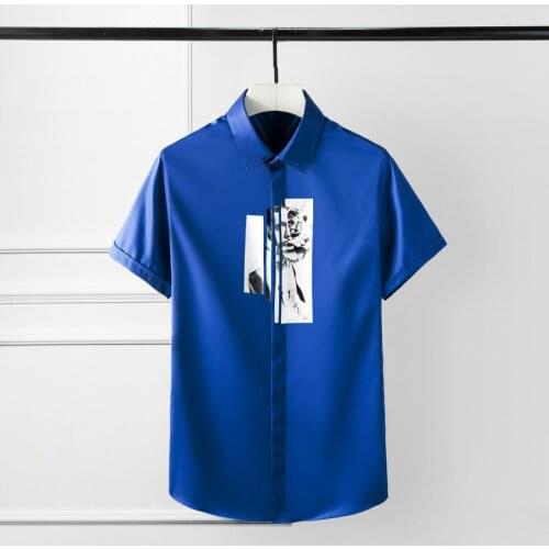 New Solid Color Mens Shirts Plus Size 4xl Flower Printing Short Sleeve Mens Dress Shirts Plus Size 4xl Slim Fit Party Shirts Man